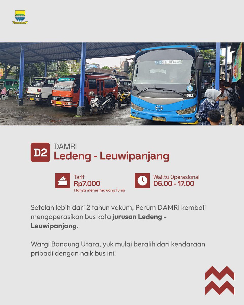 humasbandung_'s tweet photo. Kabar gembira wargi Bandung 🤩

Bus Kota Damri rute Terminal Ledeng - Terminal Leuwihpanjang beroperasi lagi 👏🏻

Yuk save, share dan simak rute selengkapnya di atas 🤩🙏🏻

#TransportBandung
#BandungUnggul
#BusDamri https://t.co/IgsRkCJpWj