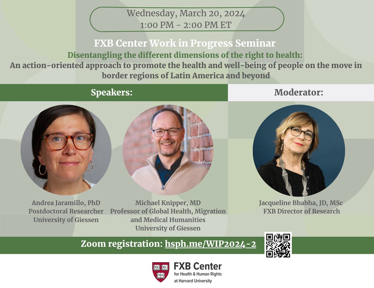 📢MeDiMi meets FXB Center for #Health and #HumanRights at #Harvard University 💡Topic: Disentangling the different dimensions of the right to health with a focus on #border regions in #LatinAmerica and beyond 📅March 20 🕘6 PM 💡Registration: tinyurl.com/yc39yw8r Details👇