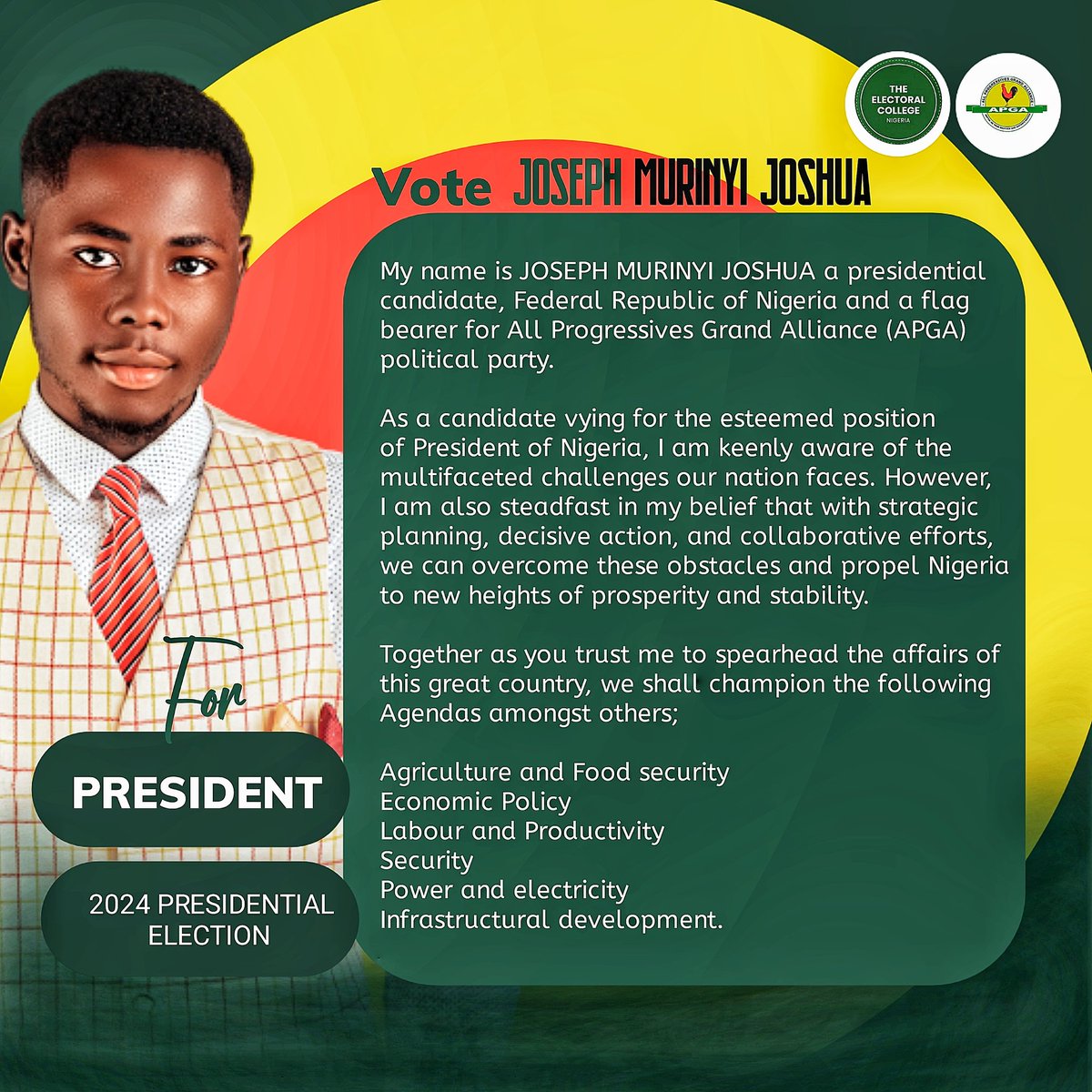 _Faithojone's tweet photo. Join us in supporting Joseph Murinyi Joshua for a brighter, stronger, and more prosperous Nigeria.

Together, let's build the future we deserve.

Long live The Federal Republic of Nigeria.
#VoteAPGA
#Vote4JosephMurinyiJoshua
@electoralcollng https://t.co/h71SeIlNmz
