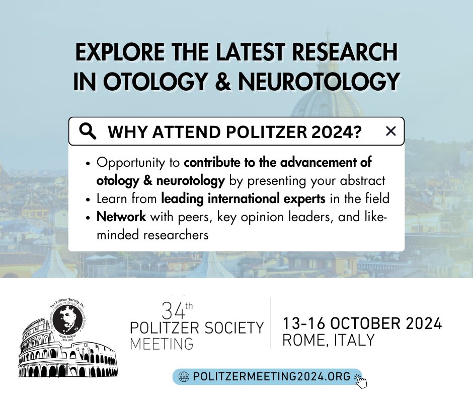 This October, global healthcare professionals and researchers in #otology and #neurotology will gather at our 34th #Politzer Society Meeting to present and discuss latest research in the field. Register today : bit.ly/47s6Gxs