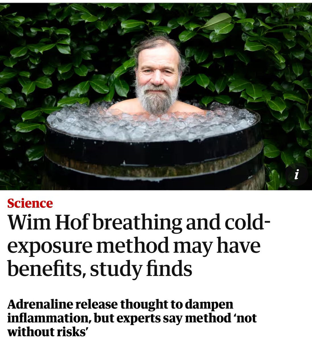 erwinloh's tweet photo. #WimHof (“the iceman”), developed the #WimHofMethod, where people plunge themselves into #icebaths or deliberately #hyperventilate and then hold their breath. A new study found that it may reduce #inflammation in people as it increases #adrenaline levels.
https://t.co/WxW46K43PV https://t.co/dW2Z3l2O8l