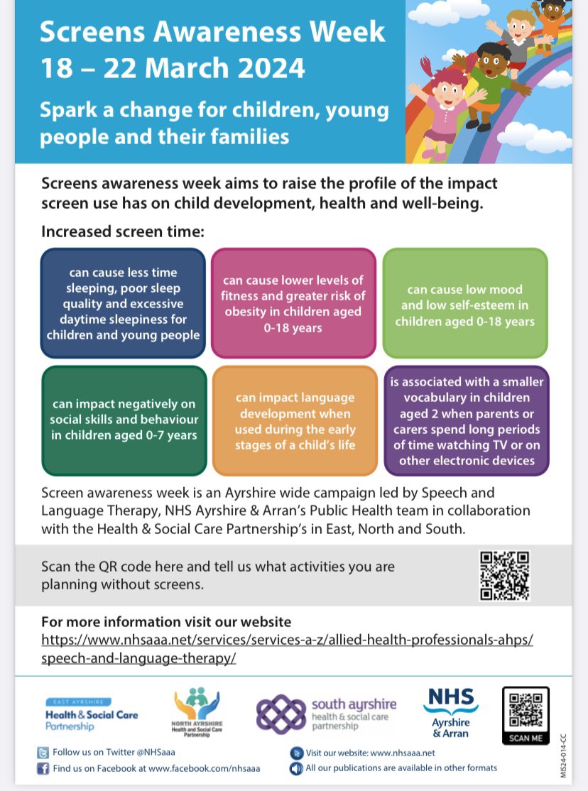 Screens Awareness Week starts on Monday … please support us in sharing key messages to ensure we see a positive impact for our infants, children and young people. @lyndsaymcr @SAC_Reads @NHSaaa @Minglis71 @weepeoplechat