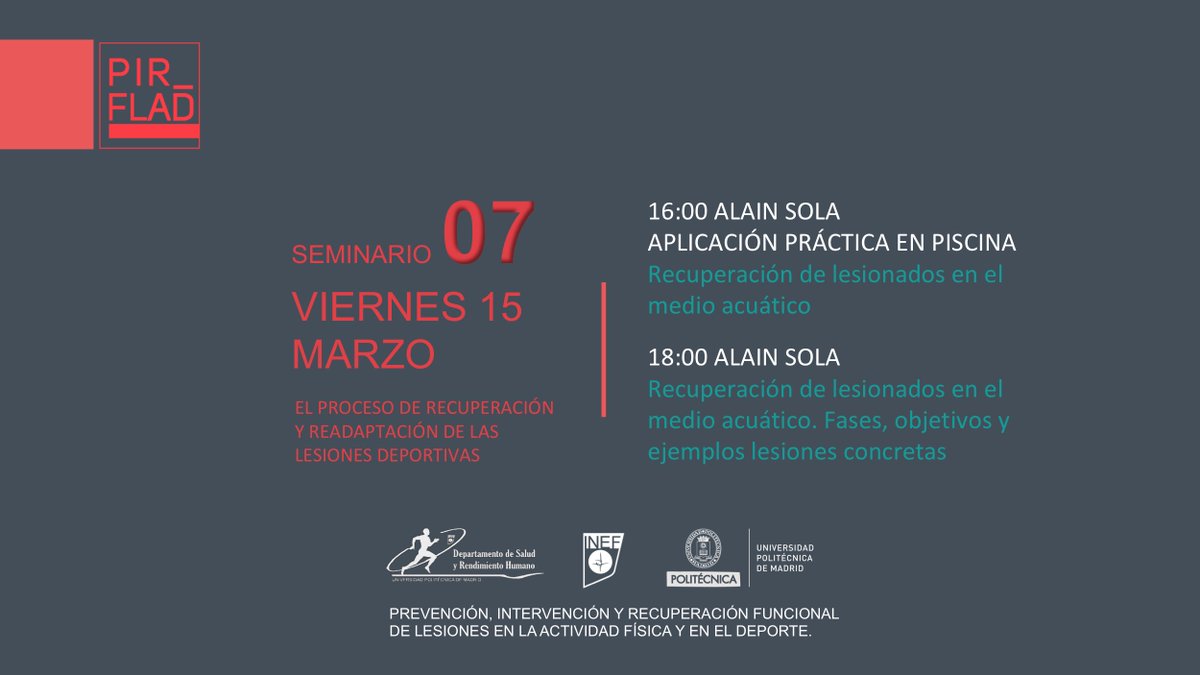 lesiones_inef's tweet photo. 📢Este viernes arrancamos el 7º encuentro #PIRFLADXV
En esta jornada nos acompañarán:
Alain Sola @alainsola @corpholistic
Carlos G. Sánchez @CarlosGarcia_pf
Enrique Cañadas @Enrique7cg 
Raúl Ráez 

Aquí el programa de la sesión completa 👇🏽
#prevencionlesiones @inefmadrid @La_UPM https://t.co/Ck8fv3qNyF