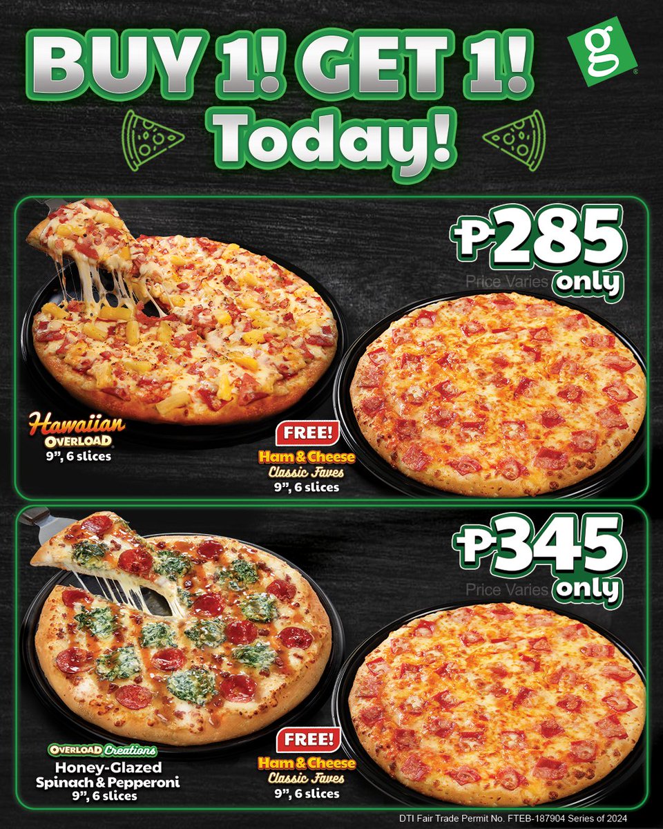 Enjoy 2 pizzas for the price of 1 this coming Payday! 🥳 🍕 Buy One 9' Hawaiian Overload® Pizza / 9' Honey-Glazed Spinach & Pepperoni Pizza, and Get One (1) 9' Ham & Cheese Classic Pizza for FREE! 🍕🍕 Available for Dine-In & Take-Out from March 16-17! 💚