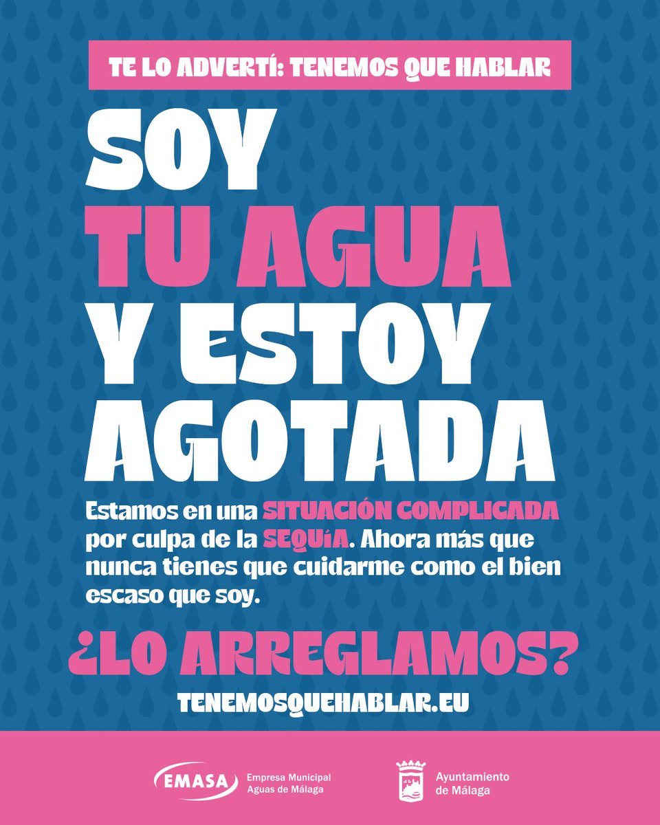Queremos hablarte sobre un tema importante que nos concierne a todos: el agua. En Málaga, nos enfrentamos a un desafío serio debido a la sequía y ahora más que nunca tenemos que ser responsables.  

💧Te contamos cómo en: tenemosquehablar.eu