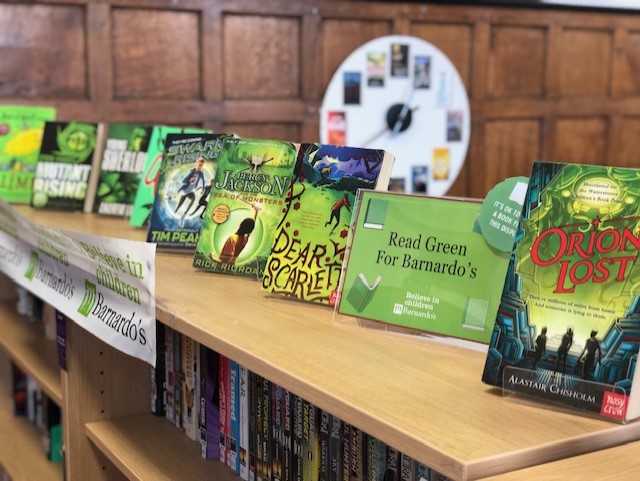 HABigSchoolLib1's tweet photo. We are reading green here in BSL for @barnardos 
#barnardos #readgreen 📗 https://t.co/D07aJNVAj1
