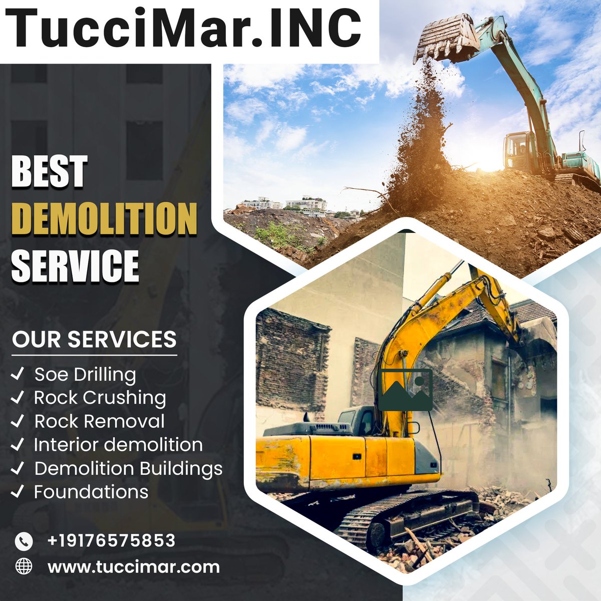tuccimarinc's tweet image. Revolutionizing landscapes with precision and expertise! From rock crushing to interior demolition, our comprehensive services redefine excellence. Your vision, our commitment.

Explore more at Tuccimar.com.

#DemolitionServices #RockCrushing #InteriorDemolition