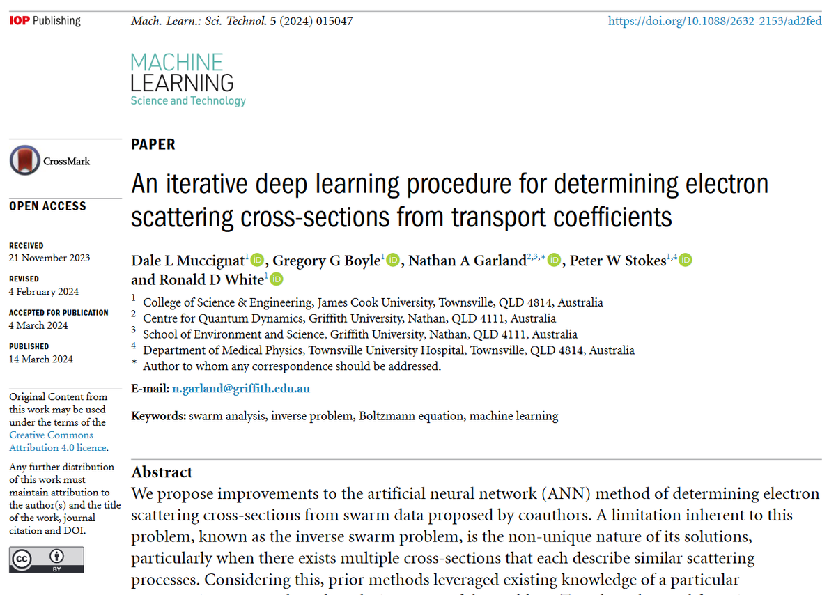 MLSTjournal's tweet photo. Great new work by Ronald White @DaleMuccignat @n8Sci et al @jcu @Griffith_SciEnv @TownsvilleHHS - 'An iterative #deeplearning procedure for determining #electronscattering cross-sections.......' - https://t.co/LWH5XvgkP4 #machinelearning #plasmas #neuralnetworks #statphys #swarm https://t.co/r7iuyRS21d