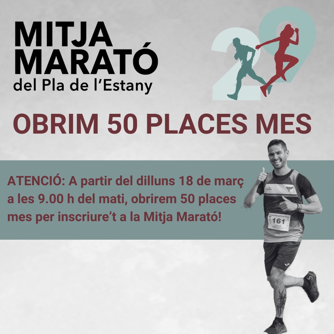 Degut a la gran demanda que estem tenint d'inscripcions, des de l'organització de la Mitja s'ha decidit, de manera excepcional, obrir 50 places més fins esgotar a partir del dilluns 18 a les 9h del matí. 🔥

La inscripció serà amb el mateix preu de 22 € sense samarreta.