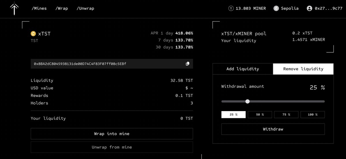 minerercx's tweet photo. $MINER utility update

Liquidity provision / removal ✅
Wrap / unwrap functions ✅
APR data ✅

Soon we will allow user testing on #Sepolia