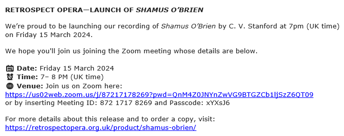 We're launching our recording of Stanford’s Shamus O’Brien online: Friday 15 March 2024, 7-8pm (UK time). Join us on Zoom here: us02web.zoom.us/j/87217178269?… (Meeting ID: 872 1717 8269; Passcode: xYXsJ6)