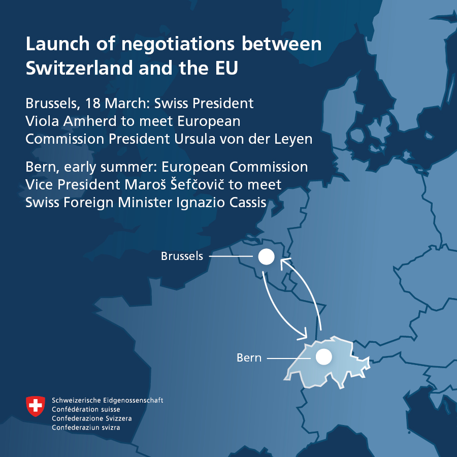 Swiss President @Violapamherd will meet @EU_Commission President Ursula @vonderleyen in Brussels on Monday. Their talk will focus on the start of negotiations between Switzerland and the EU. Details: admin.ch/gov/en/start/d… #SwissEUrelations @SwissmissionEU