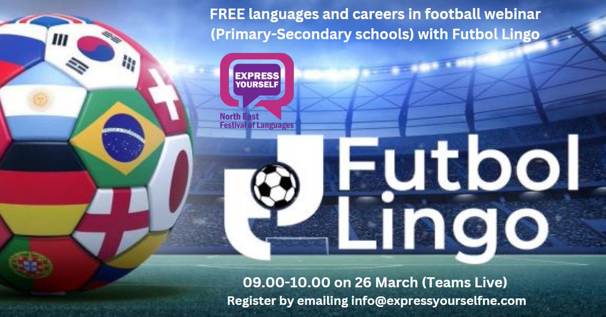 Primary/Secondary schools: Sign up for this FREE webinar with motivational speakers who will inspire your pupils to learn languages and understand the wide range of careers available in the world of football. 9-10am on 26th March: expressyourselfne.com/football-webin… @FutbolLingoApp