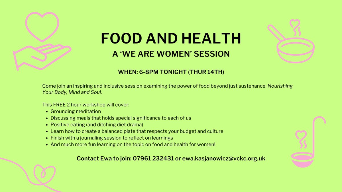 Come join this session of holistic food and health tonight 6-8pm 😄 🫶 🙌 Contact Ewa to join: 07961 232431 or ewa.kasjanowicz@vckc.org.uk #Kensington #Chelsea #FreeWorkshop #Tonight #FoodAndHealth