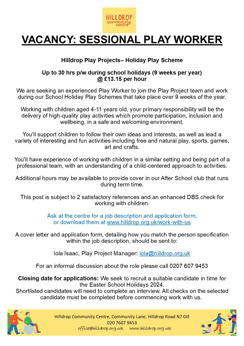 Extended deadline! We're seeking an experienced Play Worker to join our professional team delivering high quality children's activities to 4-11 year olds during the school holidays (starting this Easter). Visit hilldrop.org.uk/work-with-us for full details!