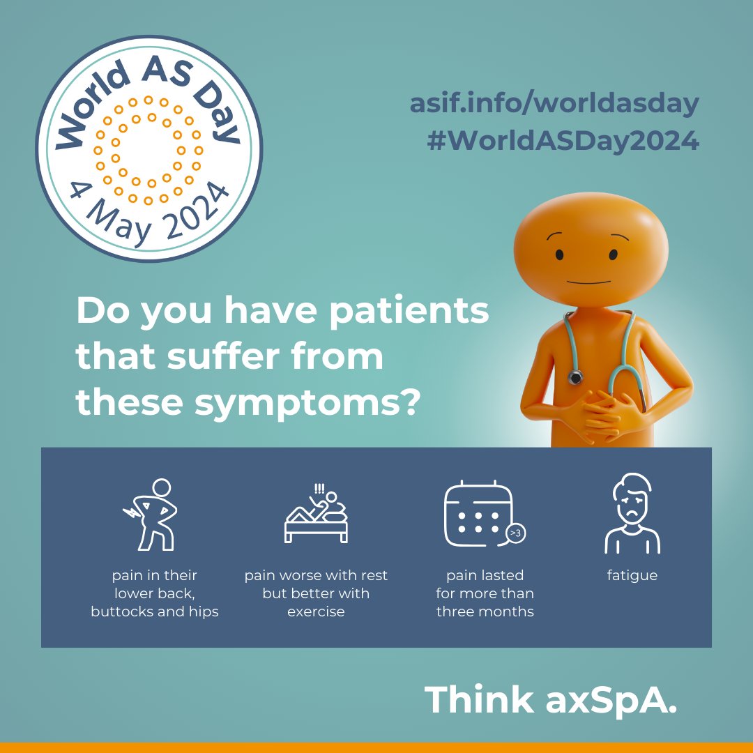 Do you have patients that suffer from these symptoms?

Could they have #AxialSpondyloarthritis (#axSpA)?

Learn more asif.info/worldasday

#WorldASDay2024