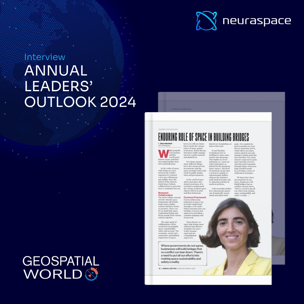 Read Chiara Manfletti's interview in the Geospatial World Annual Leadership Edition 2024: eu1.hubs.ly/H085cpr0