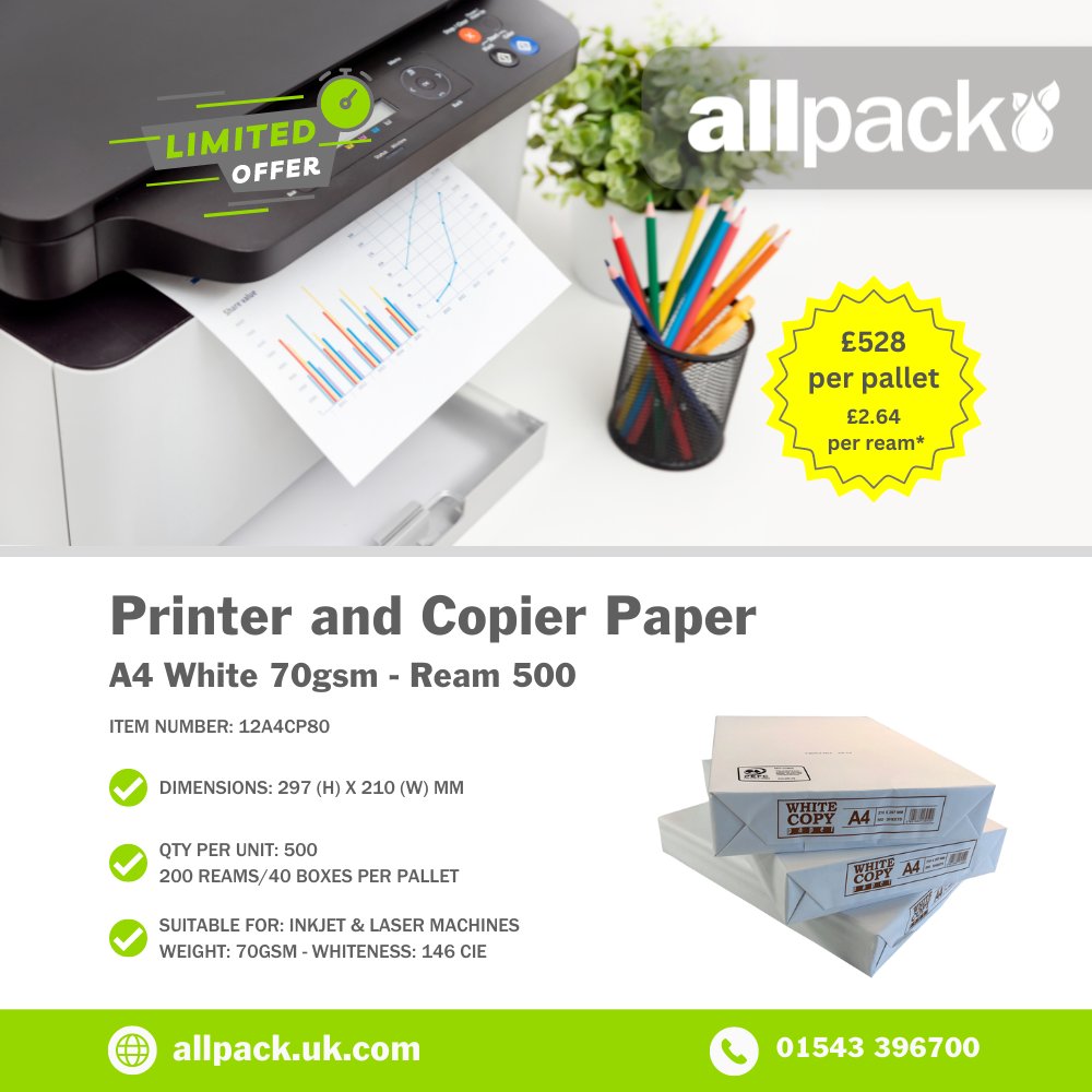 abetterpackage's tweet image. Save now on a warehouse, office and postal room essential 📄 

‣ Dimensions: 297mm (H) x 210mm (W)
‣ Quantity per unit: 500 sheets
‣ Color: White - Whiteness: 146 CIE
‣ Suitable for: Inkjet &amp;amp; laser machines - Weight: 70gsm

🔗 Shop now: bit.ly/3VfAfPm

#PrinterPaper