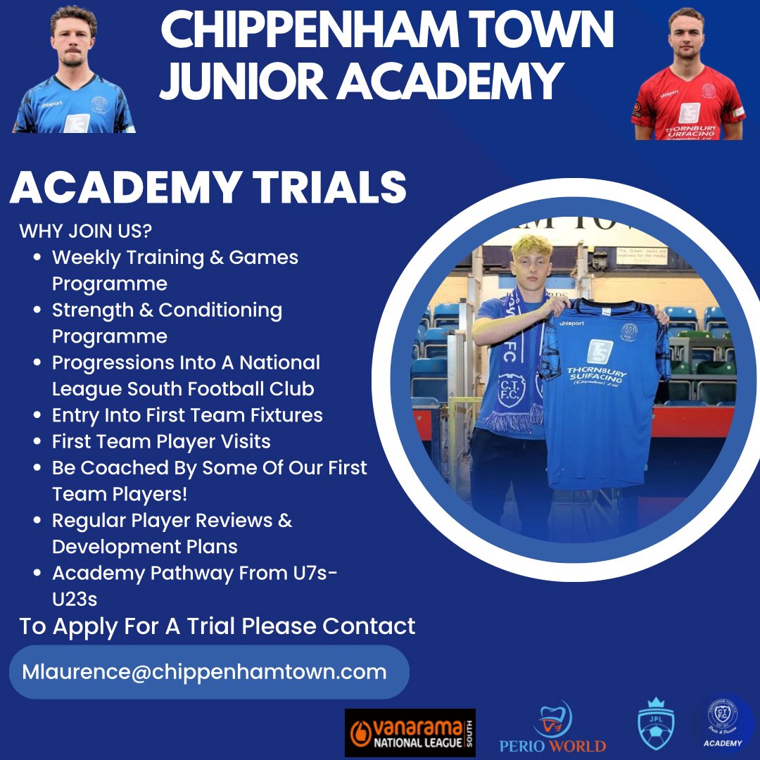 Academy Trials For 2024/2025 🔵🐦
Apply Today To Take Your Game To The Next Level!

@chiptownfc @chiptownacademy 

#football #playeropportunities #chippenham #futurebluebirds #futurebluebirds💙🐦 #academy #academyfootball #juniorpremierleague