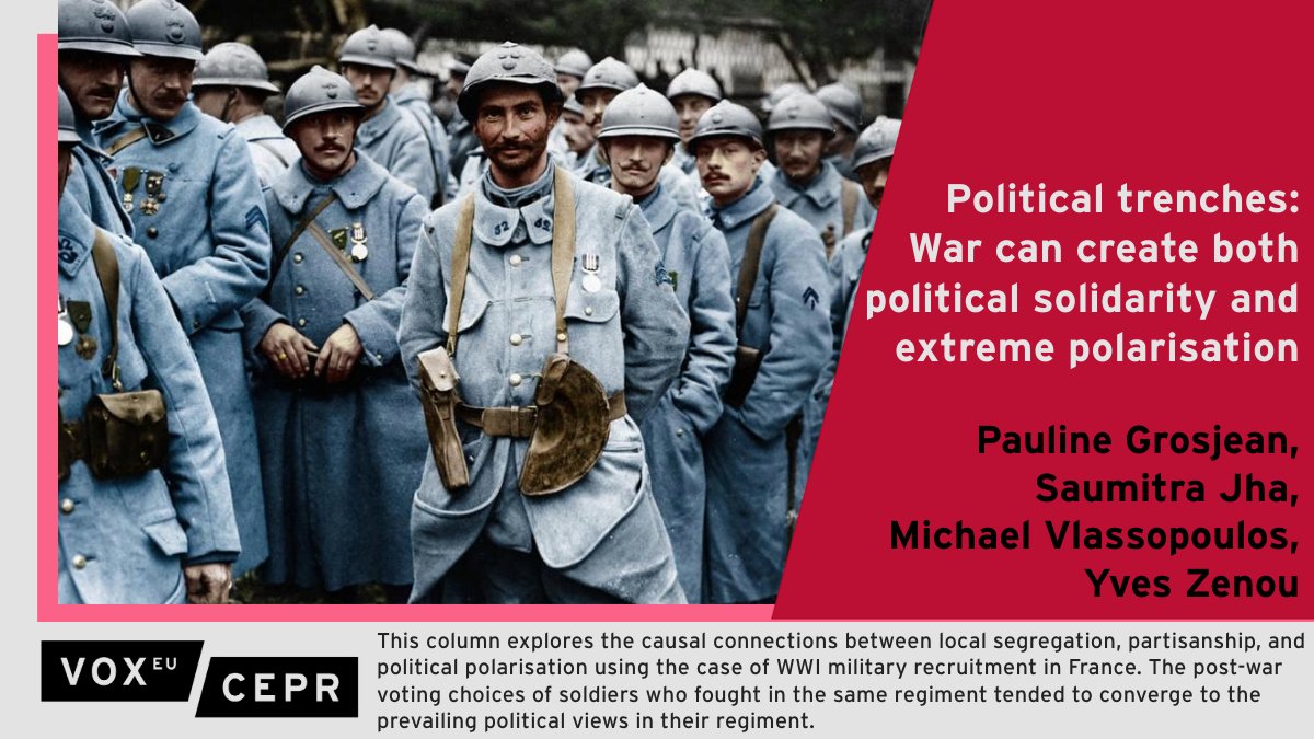 VoxEU (@voxeu) on Twitter photo Post-war #voting choices of French soldiers in #WWI who fought in the same regiment tended to converge to the prevailing political views in their regiment.
Pauline Grosjean <a href="/UNSW/">UNSW</a>, <a href="/saumjha/">Saumitra Jha</a> <a href="/Stanford/">Stanford University</a>, <a href="/mvlass/">Michael Vlassopoulos</a> <a href="/unisouthampton/">University of Southampton</a>, <a href="/yveszenou1/">Yves Zenou</a> <a href="/MonashUni/">Monash University</a>
ow.ly/ULqC50QG2i0 Post-war #voting choices of French soldiers in #WWI who fought in the same regiment tended to converge to the prevailing political views in their regiment.
Pauline Grosjean <a href="/UNSW/">UNSW</a>, <a href="/saumjha/">Saumitra Jha</a> <a href="/Stanford/">Stanford University</a>, <a href="/mvlass/">Michael Vlassopoulos</a> <a href="/unisouthampton/">University of Southampton</a>, <a href="/yveszenou1/">Yves Zenou</a> <a href="/MonashUni/">Monash University</a>
ow.ly/ULqC50QG2i0