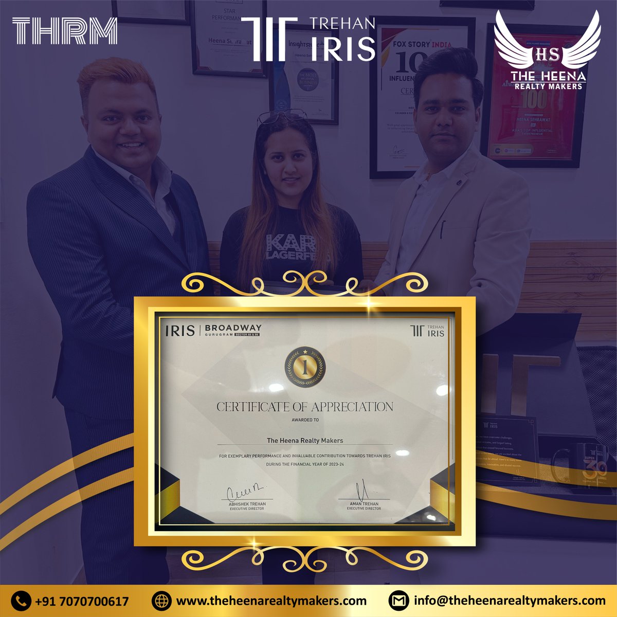 theheenarealty's tweet photo. Awarded by #TrehanIris for excellence on Iris Broadway project in Gurugram. Grateful to Mr. Abhishek Trehan, Mr. Aman Trehan, and Amlan for honoring #THRM as top among Super 30 Channel Partners. Celebrating our success! 🎉 #Rewards #RealEstate #TheHeenaRealtyMakers https://t.co/ROJQZbTuzV
