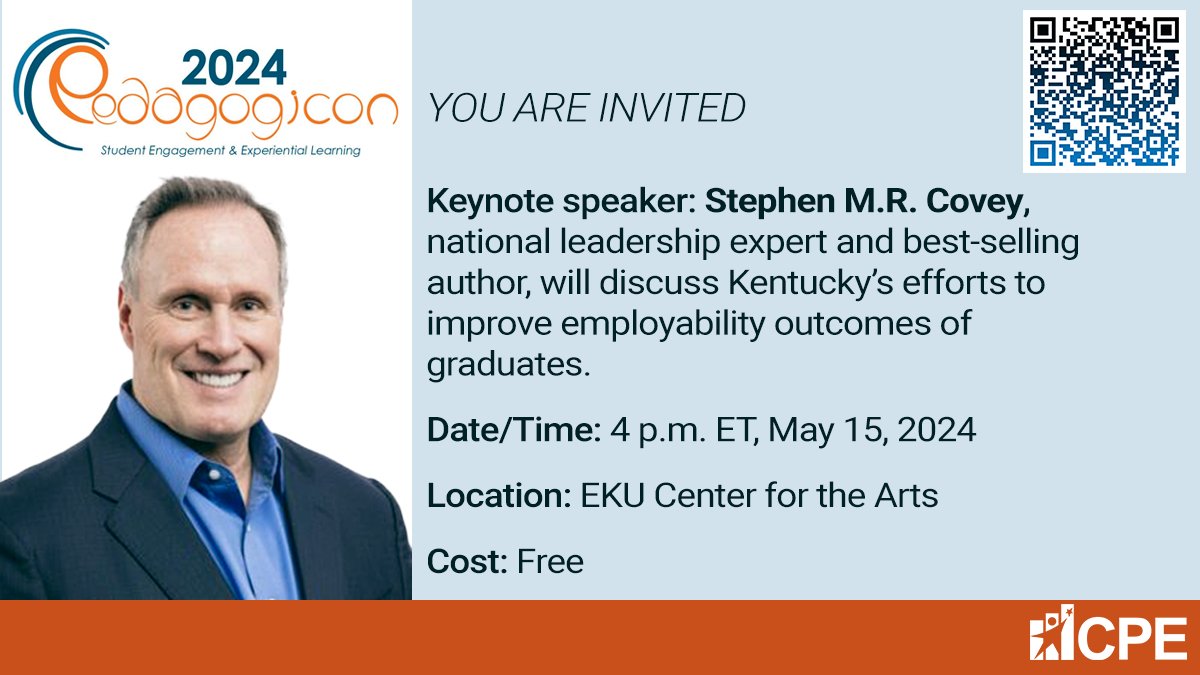 Are you interested in workforce development? You are invited to this FREE session with national expert Stephen M.R. Covey, who will discuss Ky's efforts to align curriculum with the evolving needs of employers. Scan the QR code or visit etix.com/ticket/p/96395… to register today!