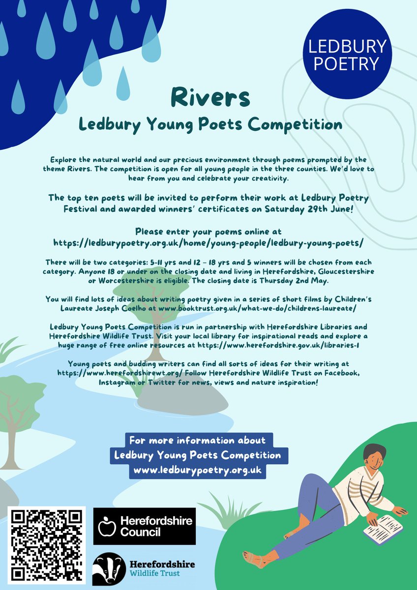 LAUNCH DAY!!! We're thrilled to launch LEDBURY YOUNG POETS COMPETITION!!! The theme is RIVERS and if you are under 18 you send us your poem before 2nd May for a chance to perform Ledbury Poetry Festival this summer. All the information you need is here: ledburypoetry.org.uk/.../you.../led…
