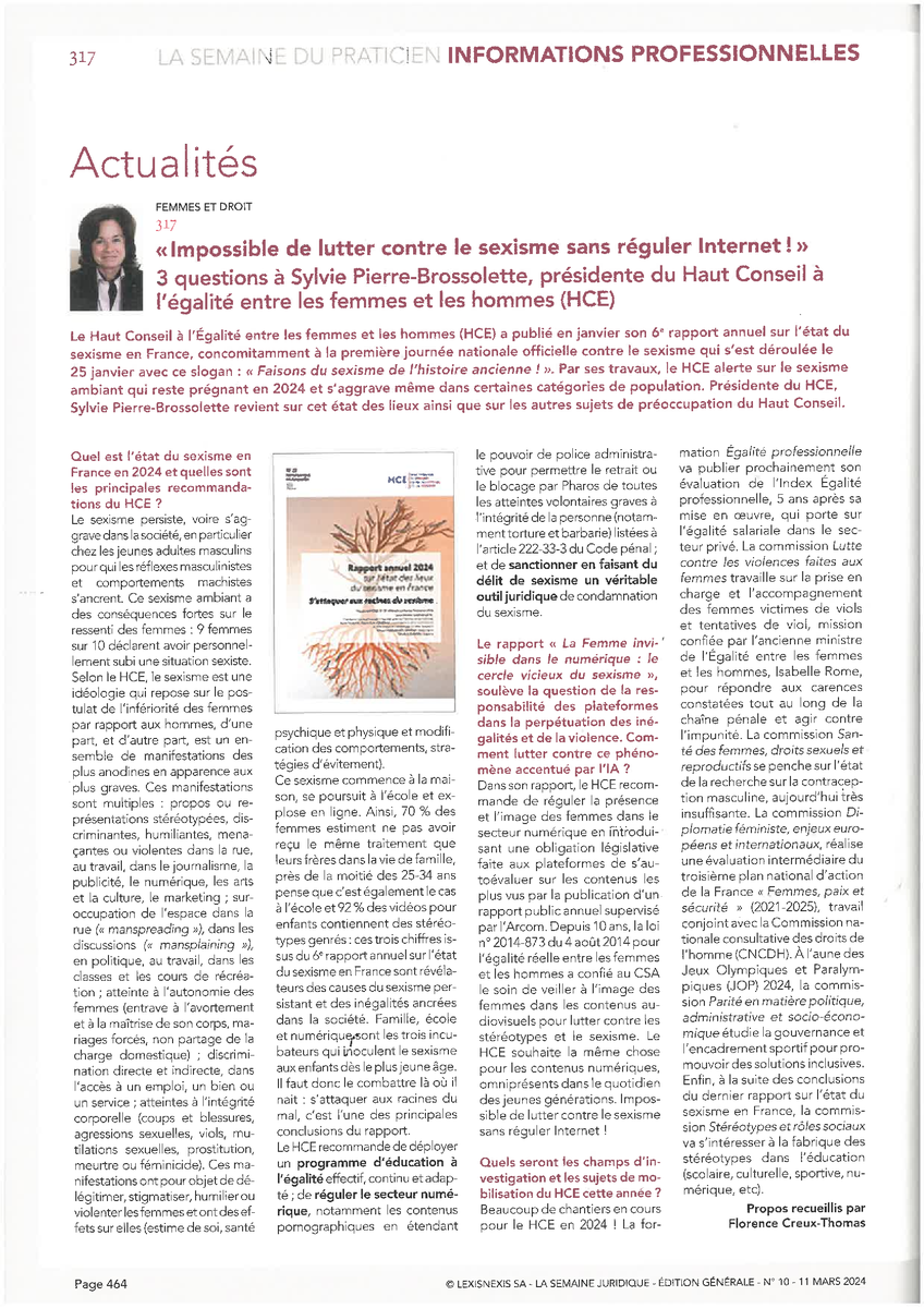 « Impossible de lutter contre le sexisme sans réguler Internet ! » 📰Retrouvez l'interview de @SPBrossolette dans La Semaine Juridique @JCP_G. Sont présentés également les travaux en cours du HCE : égalité salariale, éducation, contraception masculine, parité dans le sport etc👇