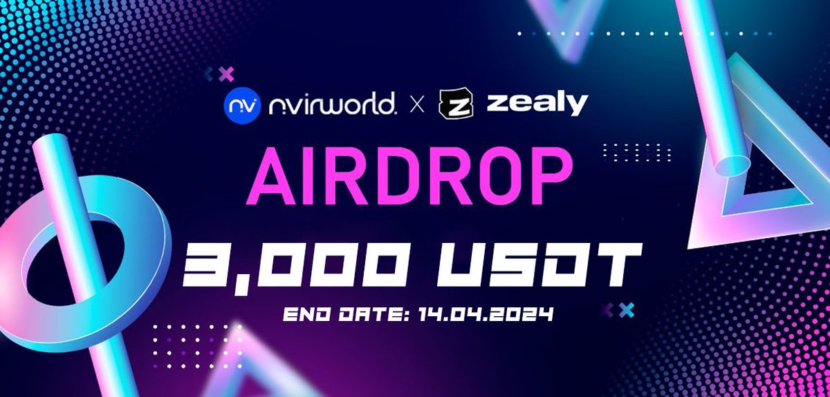 NvirWorld's tweet photo. 🎉 Join the @NvirWorld X @zealy_io Airdrop Event! 🎉

🏆 Win a share of 3,000 USDT in Airdrops for 100 lucky winners!

👇 Join now and don't miss out! 👇
https://t.co/YOTJUhuIGV

⏰ Ends on April 14th, 2024, at 11:00 AM (UTC)

* The review will be completed in an average of 3 days and a maximum of 7 days.
(Rejected submissions can be found in the Leaderboard [Receiving Box]-[Notification]-[Failure] section, and can be resubmitted.)

* Event schedules and operational policies are subject to change.

* Only the event mission activities taken place after the event has started will be acknowledged.

New missions can be announced unexpectedly during the Zealy event, so don't miss it and keep checking out the community!

#NvirWorld #Giveaways #Airdrops #usdtgiveaway #NVIR #Zealy