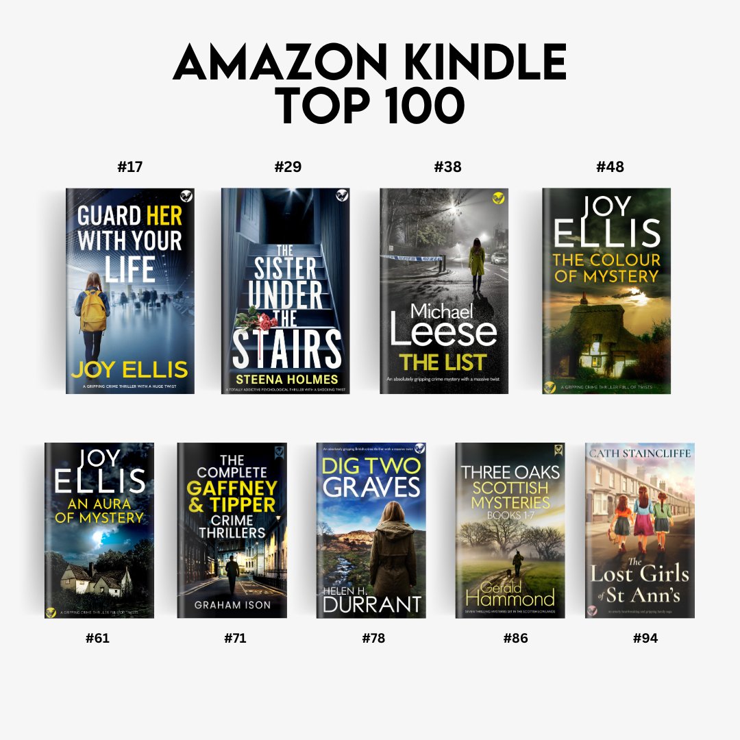 Massive congratulations to Joy Ellis, Helen H. Durrant, Steena Holmes, Gerald Hammond, Michael Leese, Cath Staincliffe and Graham Ison for hitting the Amazon Kindle top 100 chart! 🤩 Thank you to all the readers who make this possible, happy reading!