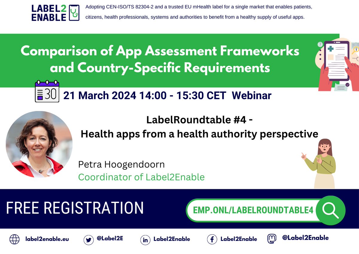 😃Our coordinator @PetraHoogendoo2 will join Tatjana Prenda Trupec and @CPratdepadua in our next roundtable on #healthapps from a health authority perspective When? 📅21 March ⏳ 14:00-15:30 CET 👉Register here: lnkd.in/gnS8vBYs #Label2Enable #healthApp
