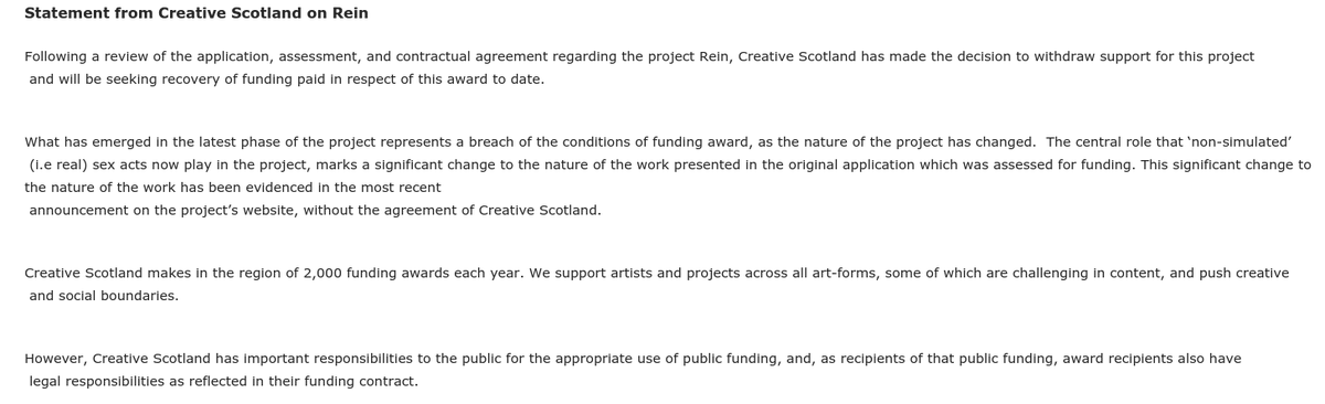 NEW: Creative Scotland is to attempt to claw back public funding for 'hardcore porn' project Rein. Funding body says investigation found 'the central role that ‘non-simulated’ (i.e real) sex acts now play in the project' is 'significant change' to initial application.