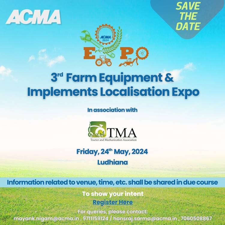 Don't miss out on AFEILE 3.0 - The Farm Equipment & Implements Localisation Expo! Connect with leading B2B buyers and showcase your farm equipment business on May 24, 2024, in Ludhiana, Punjab. Register now to reserve your spot! #AFEILE2024 #FarmEquipment #ACMA