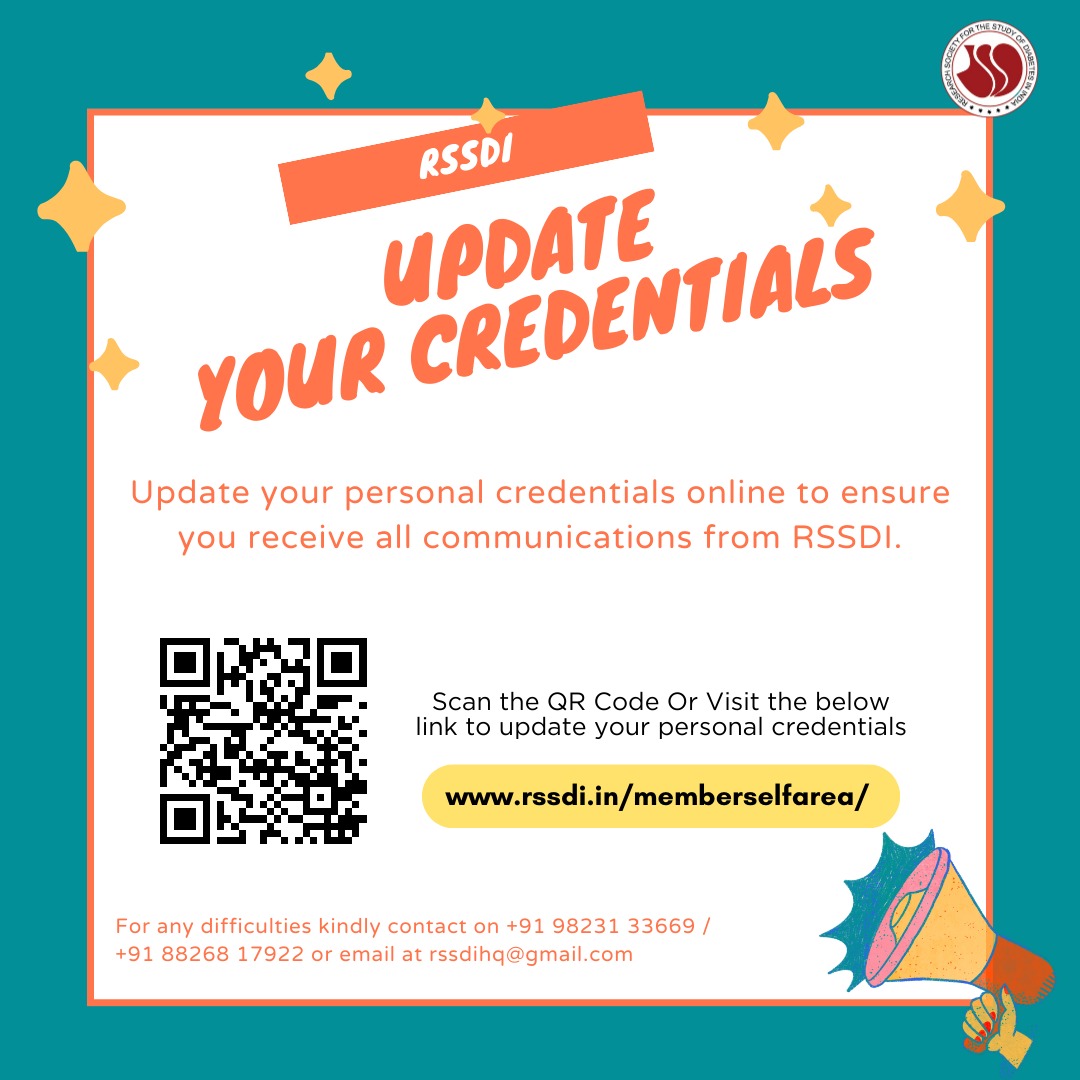 Important Message: Update your personal credentials online to ensure you receive all communications from RSSDI. Visit the below link to update your personal credentials rssdi.in/memberselfarea/ #RSSDI #Member #Doctor #Medicine #diabetes