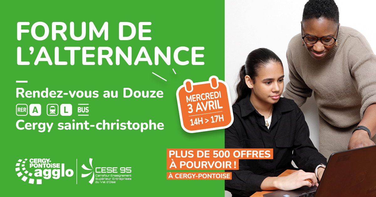 #EMPLOI | 📢 Le #Forum de l'#alternance organisé par l'agglo et le Cese95 revient pour une 5ème édition, mercredi 3 avril de 14h à 17h au Douze à #Cergy !
50 entreprises locales et + de 500 offres 🤩
📲 Consultez les offres dès maintenant : forumalternance.cergypontoise.fr