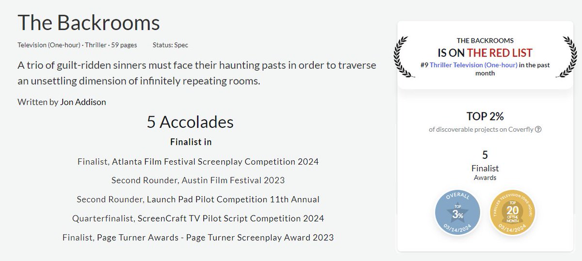 Jon Addison (@jonaddison_) on Twitter photo An amazing surprise to wake up to! My script THE BACKROOMS has just progressed to Finalist at <a href="/atlantafilmfest/">Atlanta Film Festival</a>, pushing it into the Top 2% of all scripts on Coverfly! I'm stoked that all my hard work is starting to land Finalist spots at globally renowned screenwriting contests🥳 An amazing surprise to wake up to! My script THE BACKROOMS has just progressed to Finalist at <a href="/atlantafilmfest/">Atlanta Film Festival</a>, pushing it into the Top 2% of all scripts on Coverfly! I'm stoked that all my hard work is starting to land Finalist spots at globally renowned screenwriting contests🥳
