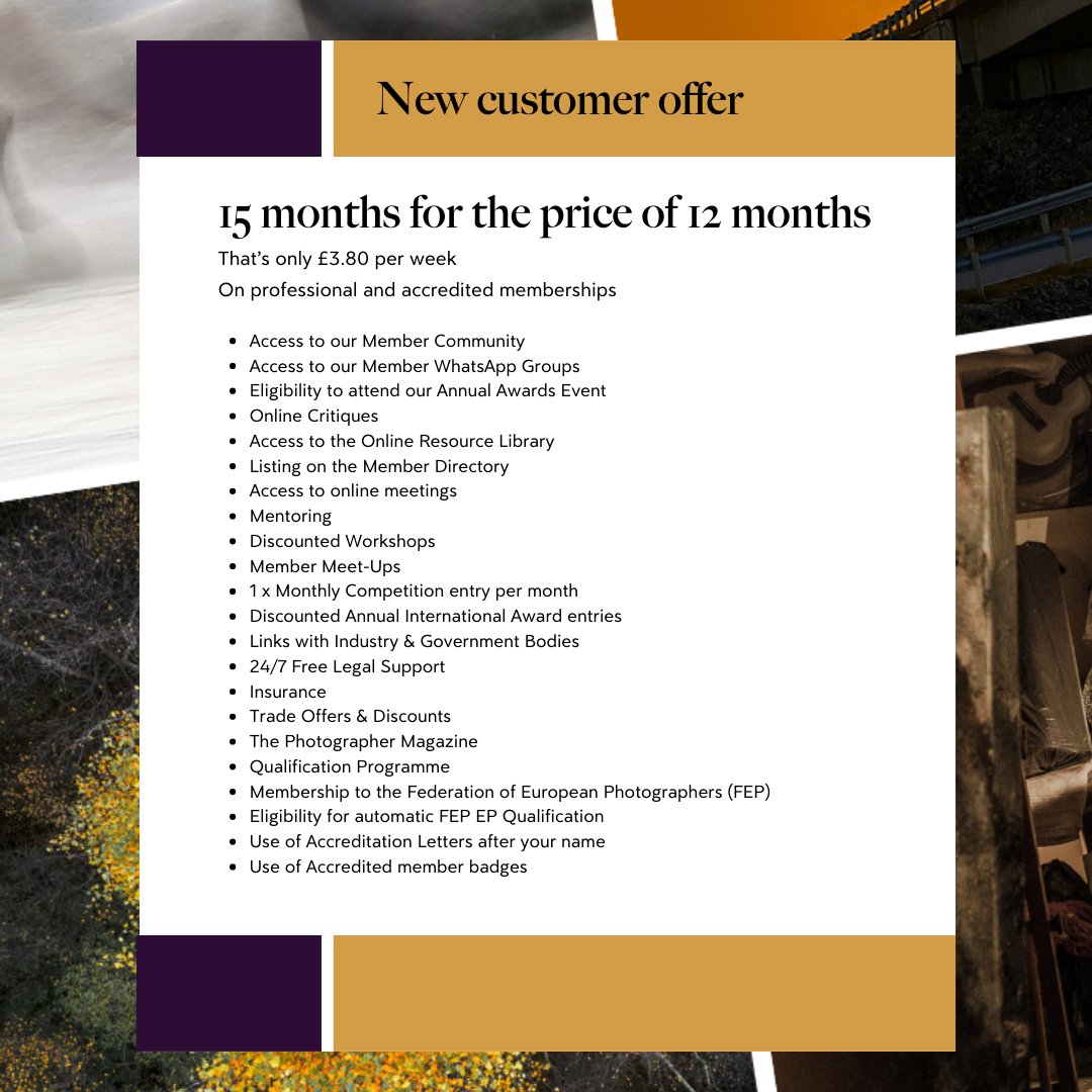 Attention photographers! 🚨

Check out our new offer: 15 months of membership for the price of 12! Less than £4 per week! 😲

And exciting news for LMPA and AMPA members! We'll match your qualification and offer discounted Fellowship for FMPA photographers! 🙌

#Offer #TheBIPP