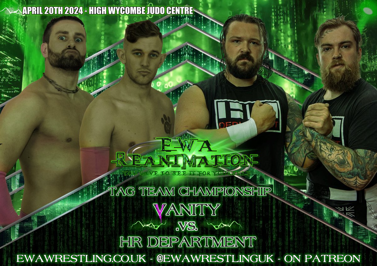 Vanity will be defending the EWA tag team titles against HR Department. Can Razor and Handsome Jack score the win or will it be a Pink Party come the end of the match. Tickets available now ewawrestling.co.uk/shop