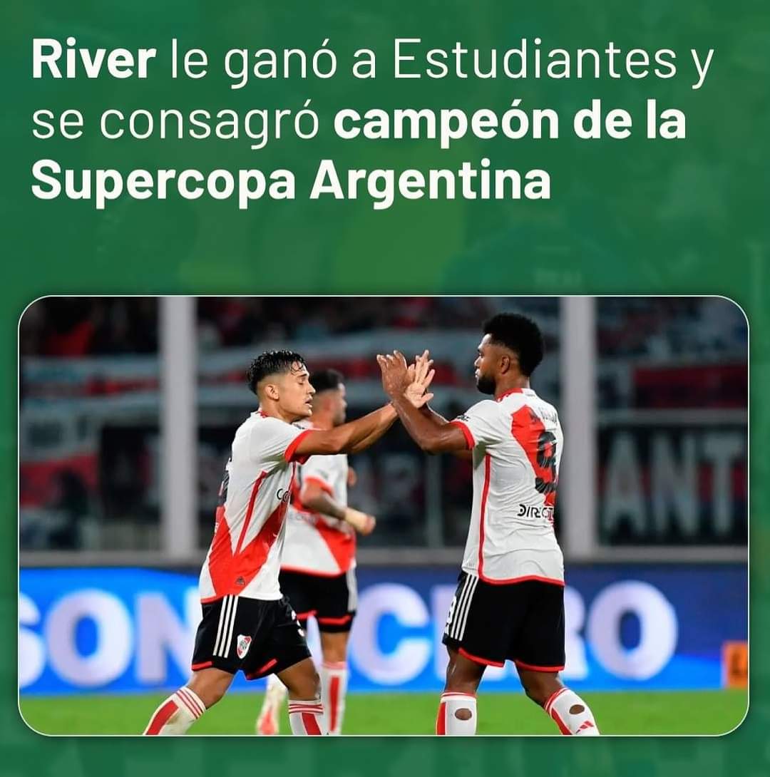 EcheverriaInf's tweet photo. 🏆 River se lo dio vuelta a Estudiantes con un golazo de Aliendro sobre el final y gritó campeón de la Supercopa Argentina. 

⚽ El equipo de Martín Demichelis venció 2 a 1 al conjunto de La Plata para lograr un nuevo título. https://t.co/RYxavTniKP