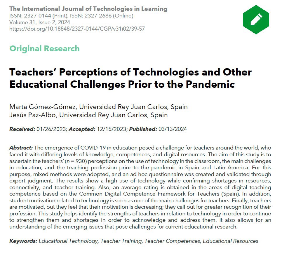 ➡️A new #imei_urjc research publication: Teachers’ perceptions of technologies and other educational challenges prior to the pandemic in “The International Journal of Technologies in Learning” <a href="/urjc/">URJC</a> <a href="/Blinklearning/">BlinkLearning</a>