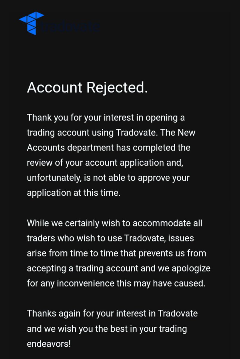 GainzXtreme's tweet image. Has this happened to anyone else??

After 5 emails back and forth being questioned about my self employment in a way not even the IRS asks or cares about this is what #Tradovate sent me last night....

#BlackListed