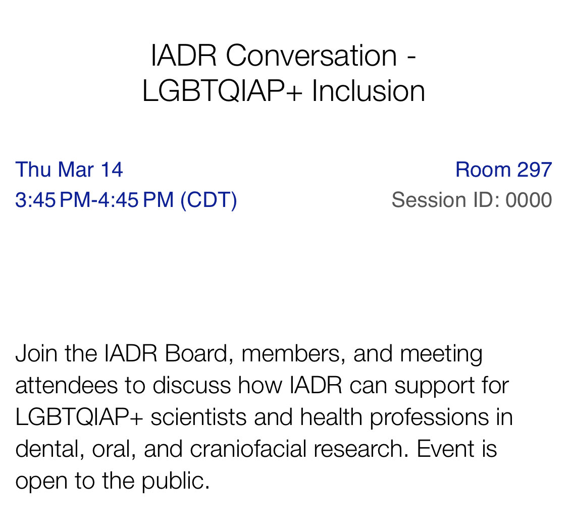 Looking forward to this conversation later today! #IADR2024 #LGBTinSTEM