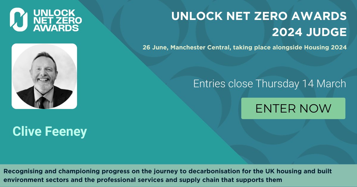 Proud to have our Group Managing Director @CliveSpa as part of the judging panel for entries for the 2024 #UnlockNetZeroAwards, taking place at #Housing2024! Help showcase achievements and share learning across the sector and start your FREE entry today invt.io/1txbggzne7t