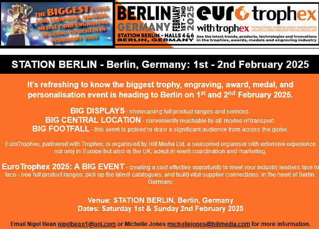 Eurotrophex's tweet photo. It's refreshing to know the biggest trophy, engraving, award, medal, and personalisation event is heading to Berlin on 1st and 2nd February 2025.
Venue: STATION BERLIN, Berlin, Germany.
#trophies #awards #engraving #eurotrophex2025 #stationberlin #medals #personalisation https://t.co/UuZ7kFJRgv