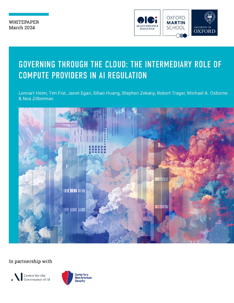 Oxford Martin AI Governance Initiative (@aigioxford) on Twitter photo New paper out! In partnership with <a href="/GovAI_/">Centre for the Governance of AI (GovAI)</a> & <a href="/CNASdc/">CNAS</a>, our researchers propose a novel approachĀ to AI regulation, highlighting the critical role of compute providers (e.g. AWS, Alibaba, Azure) in supporting AI governance frameworks. <a href="/oxmartinschool/">Oxford Martin School</a> More on: oxfordmartin.ox.ac.uk/publications/g⦠New paper out! In partnership with <a href="/GovAI_/">Centre for the Governance of AI (GovAI)</a> & <a href="/CNASdc/">CNAS</a>, our researchers propose a novel approachĀ to AI regulation, highlighting the critical role of compute providers (e.g. AWS, Alibaba, Azure) in supporting AI governance frameworks. <a href="/oxmartinschool/">Oxford Martin School</a> More on: oxfordmartin.ox.ac.uk/publications/gā¦