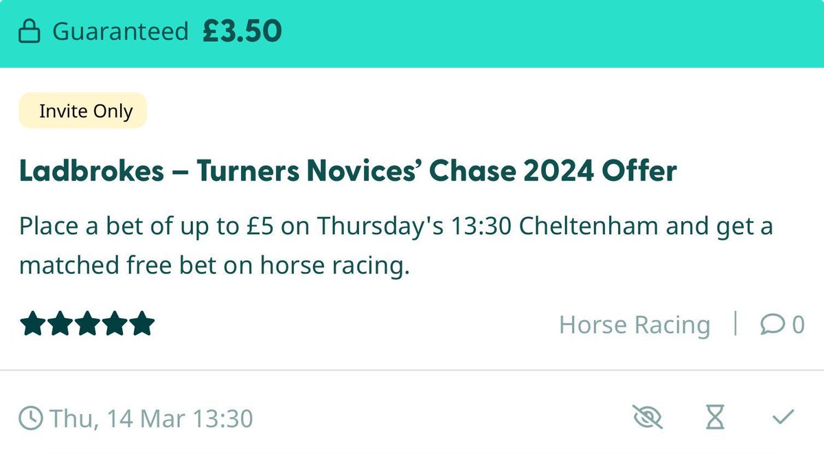 MatchedBets's tweet photo. Make £3.50 profit with this Ladbrokes offer on the 13:30 #CheltenhamFestival today! #TurnersNovicesChase

SEE HOW: https://t.co/q22wEfNqKp https://t.co/5d8pFnKmZa