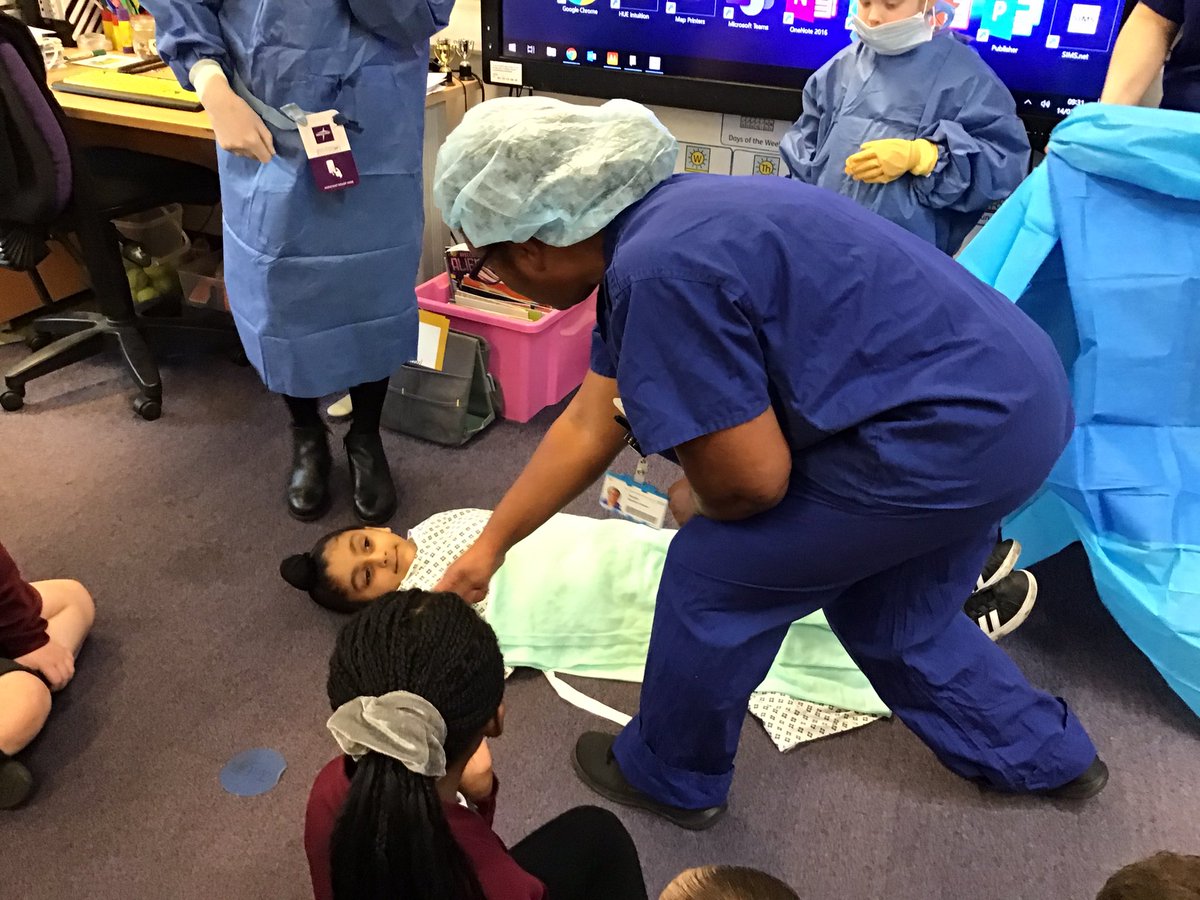 MrsB_Fibbs's tweet photo. We had our able assistant Mrs Burns as our Surgeon, Aurora as her assistant and Jastaj as their patient. All were suitably dressed in their scrubs and protective equipment. Thanks for a great experience on learning about a Theatre nurse, we really enjoyed it. 😀 https://t.co/6cU0EFyTX2