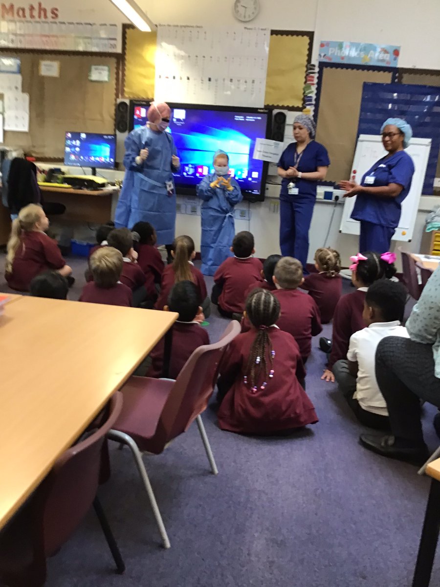 MrsB_Fibbs's tweet photo. We had our able assistant Mrs Burns as our Surgeon, Aurora as her assistant and Jastaj as their patient. All were suitably dressed in their scrubs and protective equipment. Thanks for a great experience on learning about a Theatre nurse, we really enjoyed it. 😀 https://t.co/6cU0EFyTX2