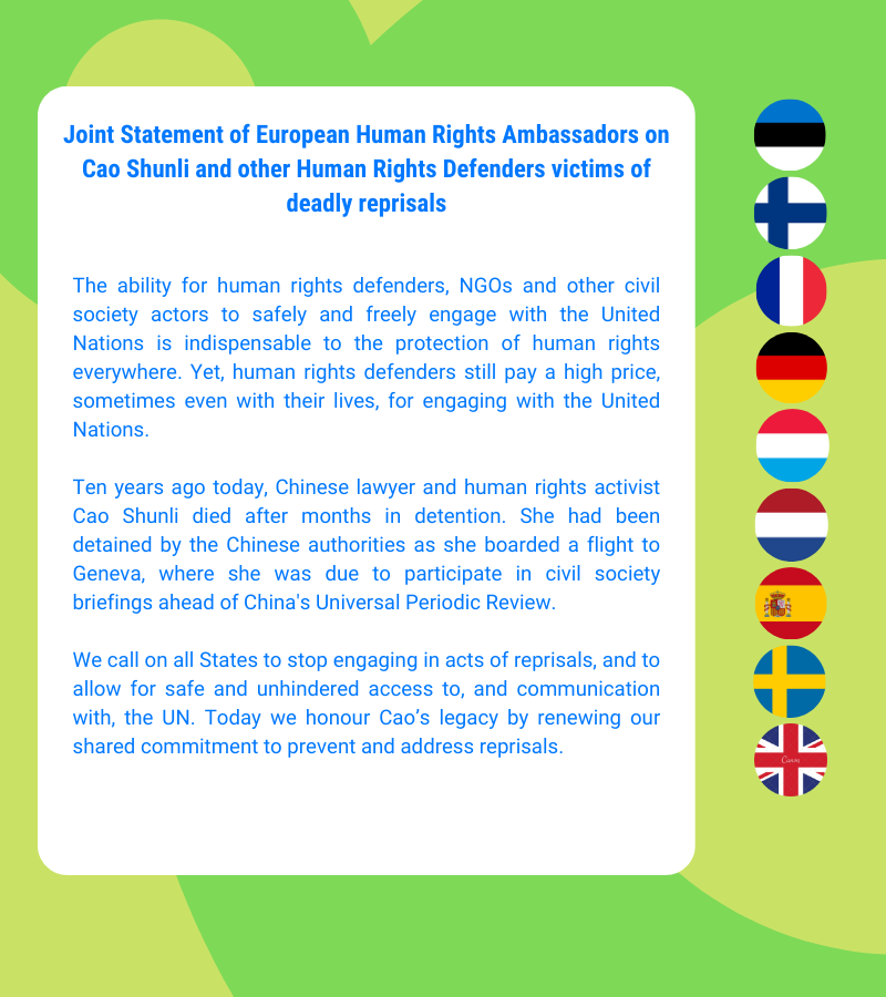 Chinese human rights defender #CaoShunli died in custody 10 years ago today. 

Full statement by European #humanrights Ambassadors⤵️