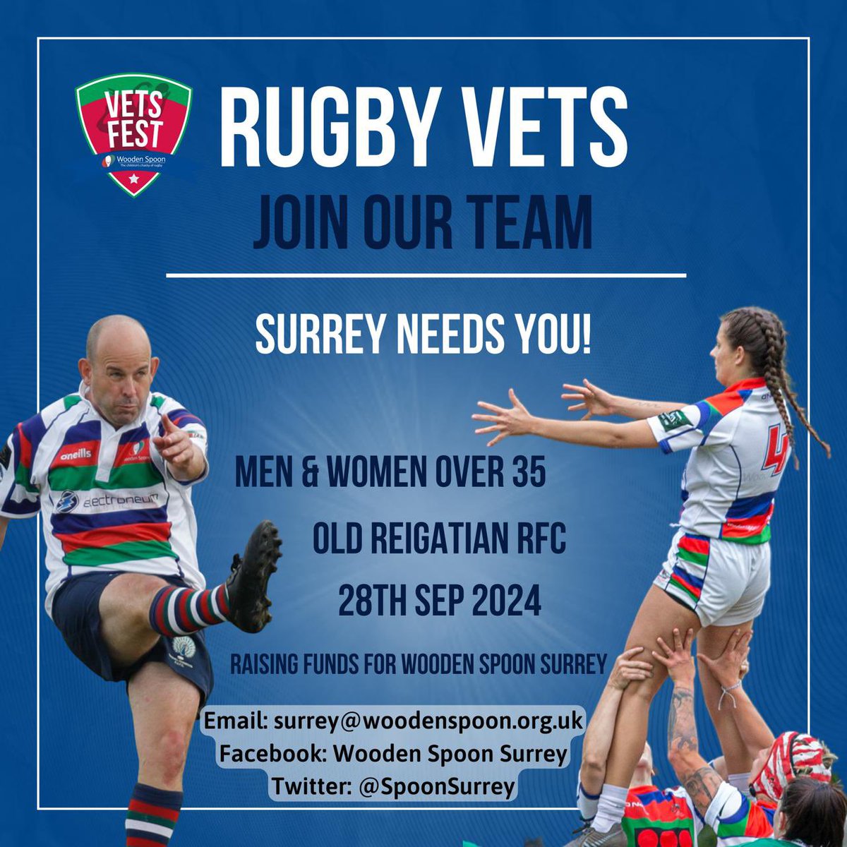 Are you 35+ and still want to play rugby?
Come and join team Wooden Spoon Surrey! All experience and abilities welcome.

We have both Mens &amp; Womens squad who play a handful of fixtures all whilst raising vital funds for charity.

#Vetsrugby #woodenspoon #charity #rugby

🤍💙❤️💚